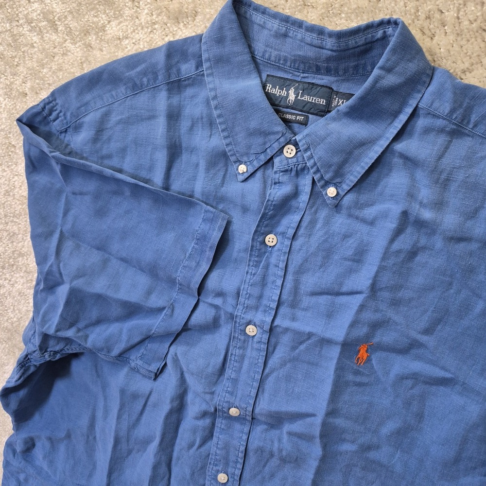 Polo Ralph Lauren Shirt Silk Linen Mens XL Blue Button Down Coastal Beachy Camp